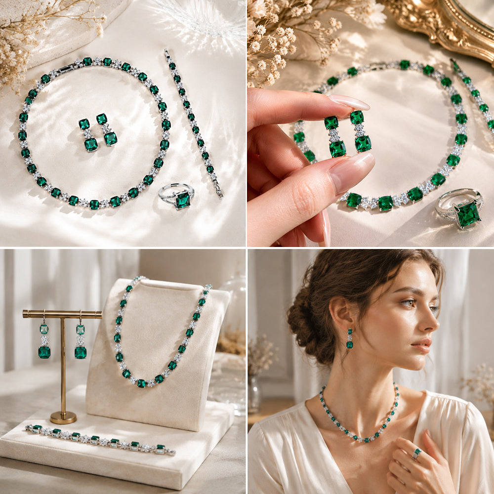 Vintage Emerald Green Rhinestone 4-Piece Jewelry Set, Cushion Square Gem Tennis Necklace Bracelet Earrings Ring, Evening Banquet Wedding Pageant Women Accessories