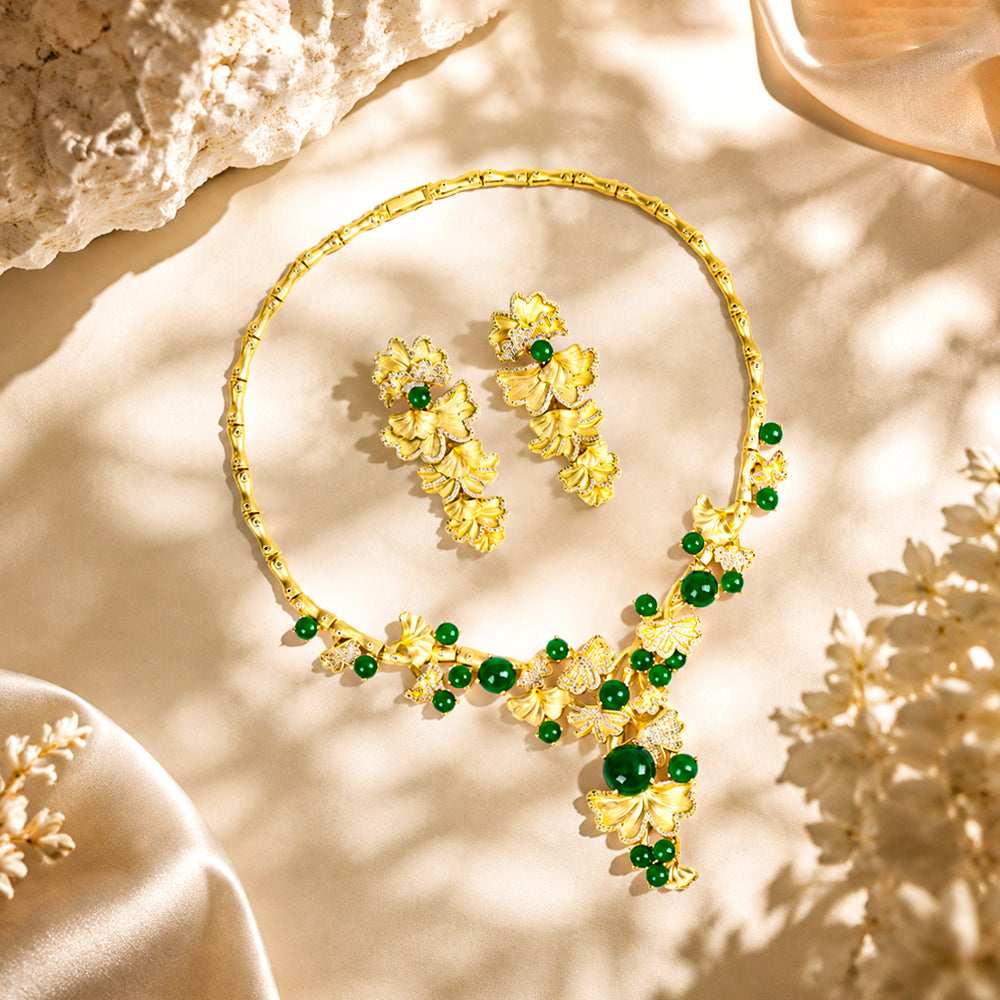 Vintage Oriental Ginkgo Leaf Rhinestone Jewelry Set, Round Green Gem Bamboo Choker Necklace Earrings, Cheongsam Evening Banquet Women Accessories