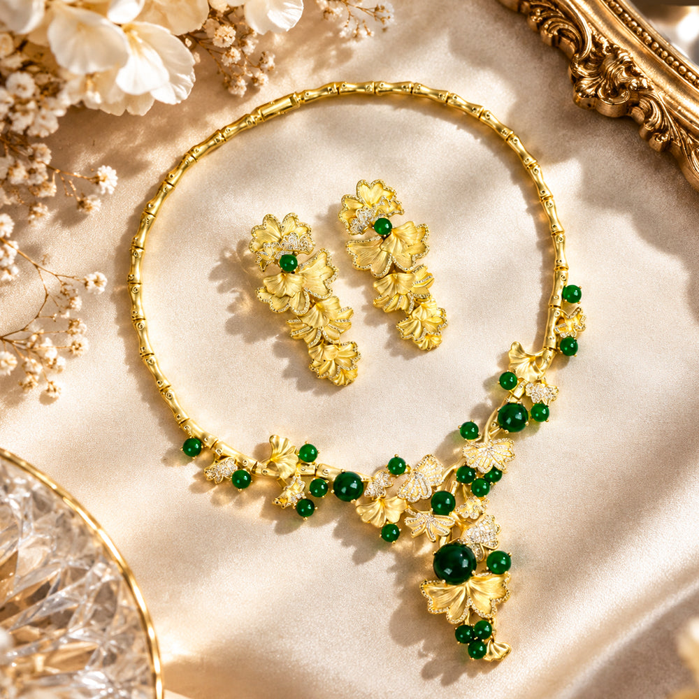 Vintage Oriental Ginkgo Leaf Rhinestone Jewelry Set, Round Green Gem Bamboo Choker Necklace Earrings, Cheongsam Evening Banquet Women Accessories