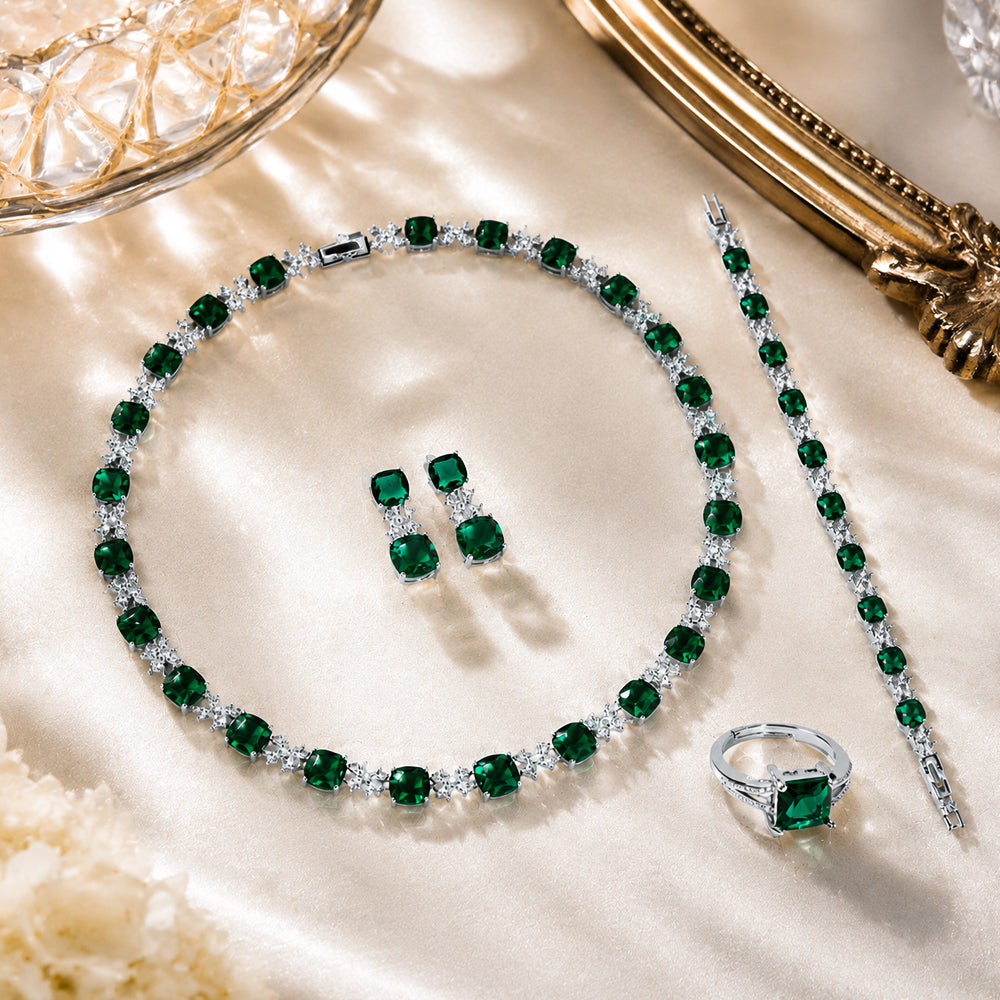 Vintage Emerald Green Rhinestone 4-Piece Jewelry Set, Cushion Square Gem Tennis Necklace Bracelet Earrings Ring, Evening Banquet Wedding Pageant Women Accessories