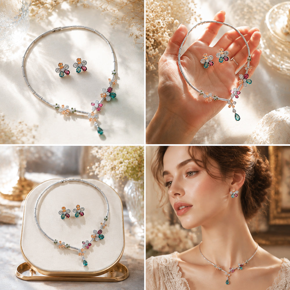 Rainbow Floral Bridal Jewelry Set, Silver Tone Multi-Color Gem Flower Vine Statement Necklace Flower Earrings Formal Accessory