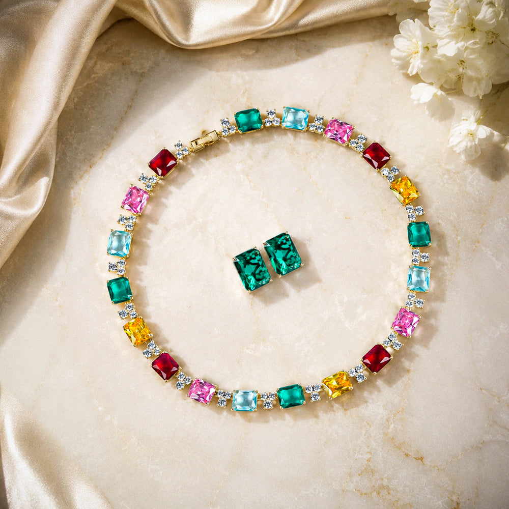 Vintage Rainbow Multi-Square Rhinestone Jewelry Set, Emerald Cut Mixed Gem Choker Necklace Single Stud Earrings, Evening Banquet Pageant Women Accessories