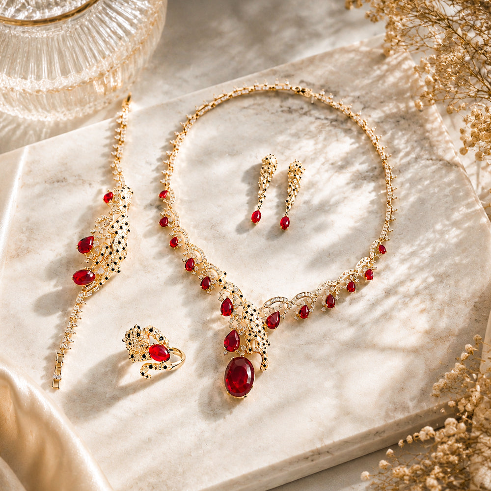 Vintage Panther Rhinestone Jewelry Set, Oval Ruby Leopard Animal Crystal Necklace Earrings Bracelet Ring, Evening Banquet Pageant Women Accessories