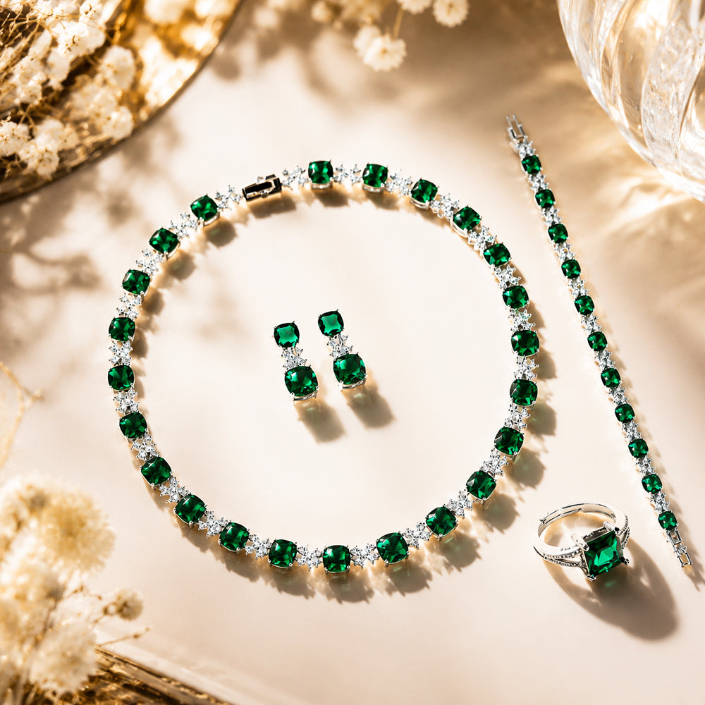 Vintage Emerald Green Rhinestone 4-Piece Jewelry Set, Cushion Square Gem Tennis Necklace Bracelet Earrings Ring, Evening Banquet Wedding Pageant Women Accessories