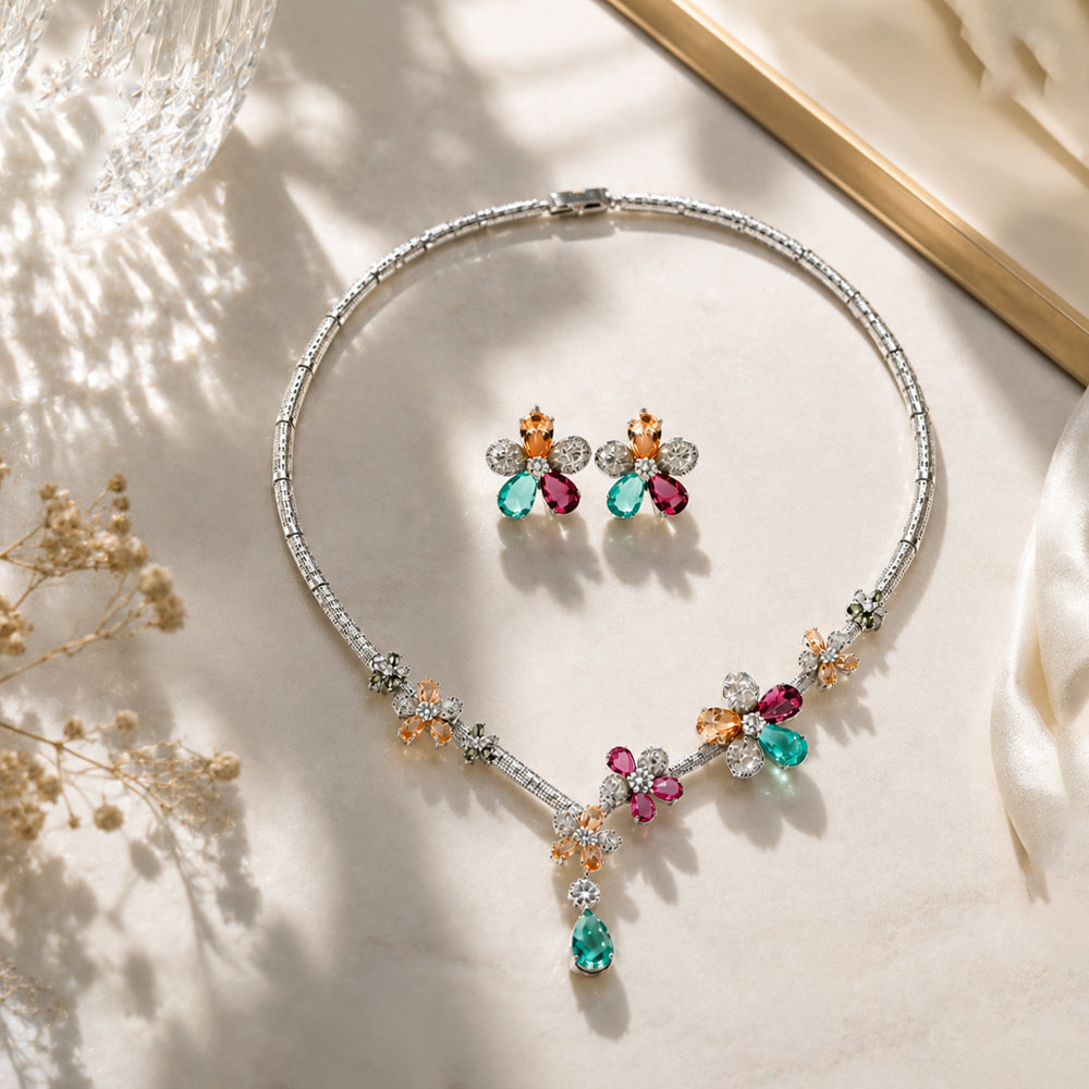 Rainbow Floral Bridal Jewelry Set, Silver Tone Multi-Color Gem Flower Vine Statement Necklace Flower Earrings Formal Accessory