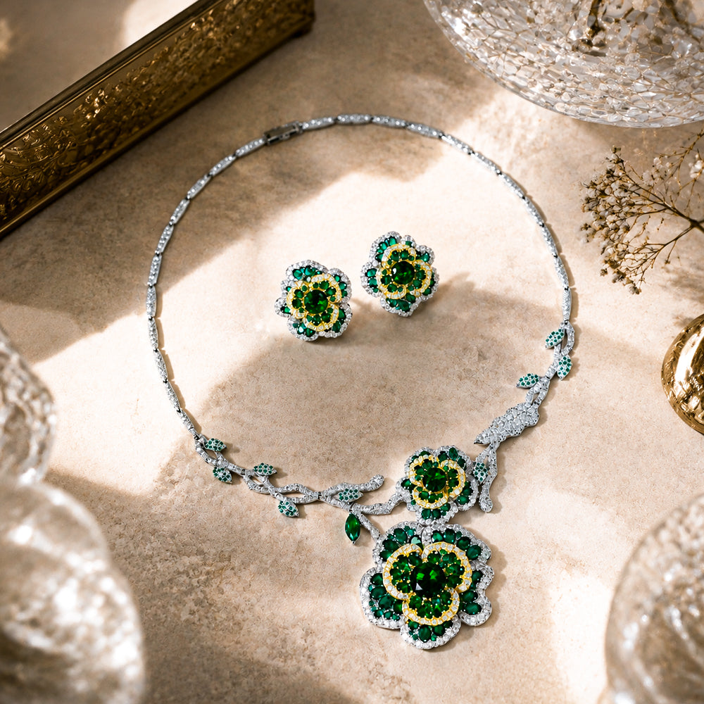 Vintage Botanical Flower Emerald Rhinestone Jewelry Set, Multi-Tone Floral Vine Necklace Earrings, Evening Banquet Pageant Women Accessories