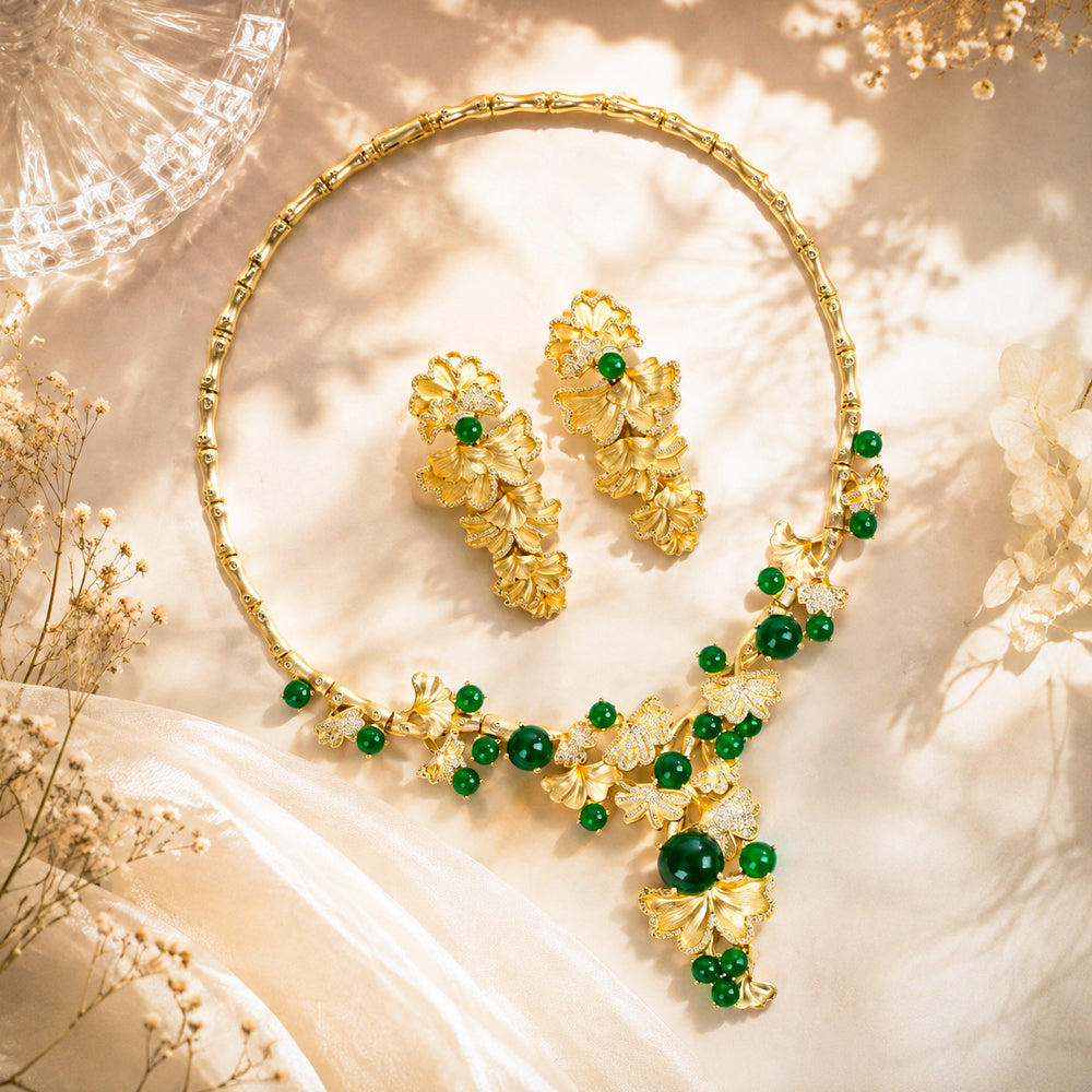 Vintage Oriental Ginkgo Leaf Rhinestone Jewelry Set, Round Green Gem Bamboo Choker Necklace Earrings, Cheongsam Evening Banquet Women Accessories