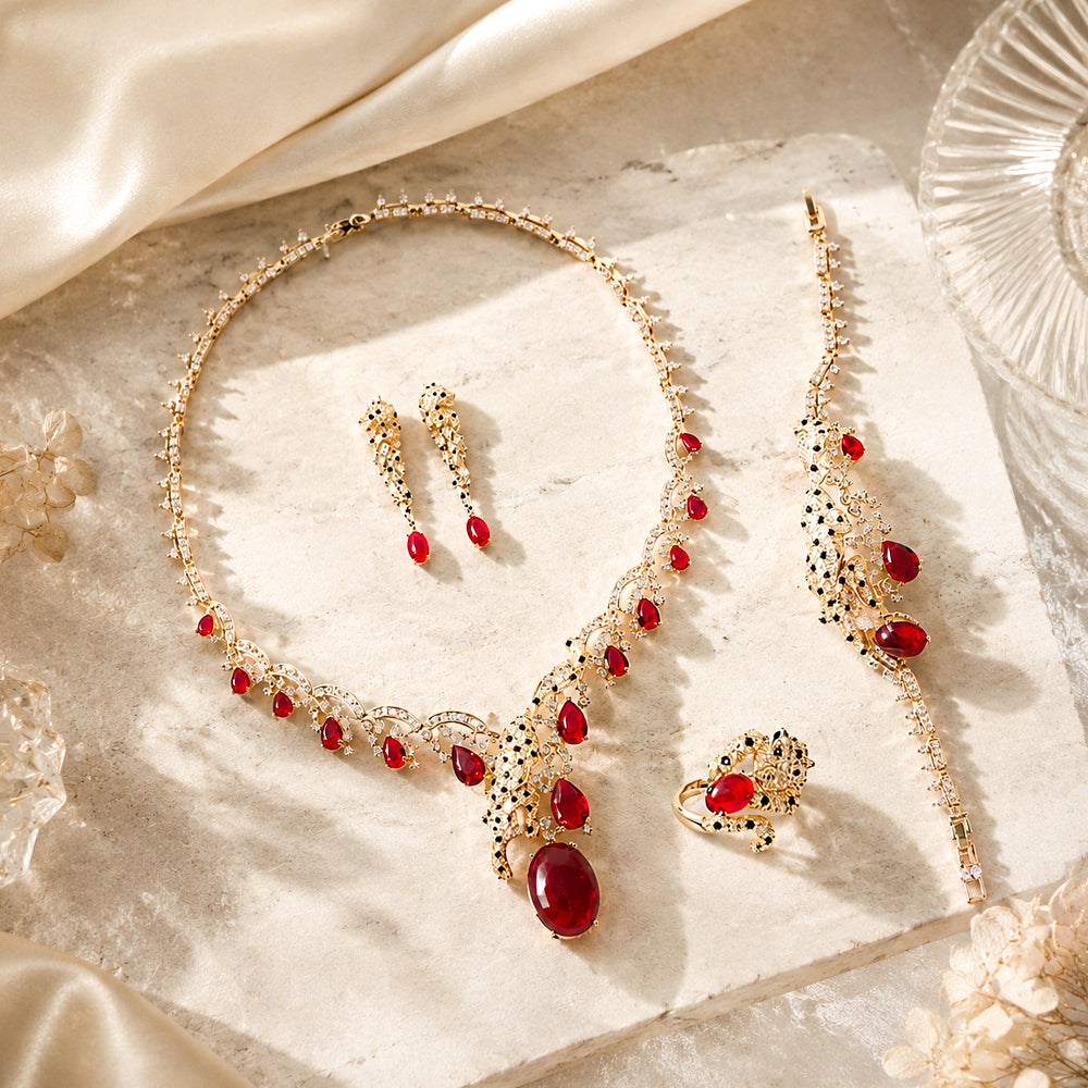 Vintage Panther Rhinestone Jewelry Set, Oval Ruby Leopard Animal Crystal Necklace Earrings Bracelet Ring, Evening Banquet Pageant Women Accessories