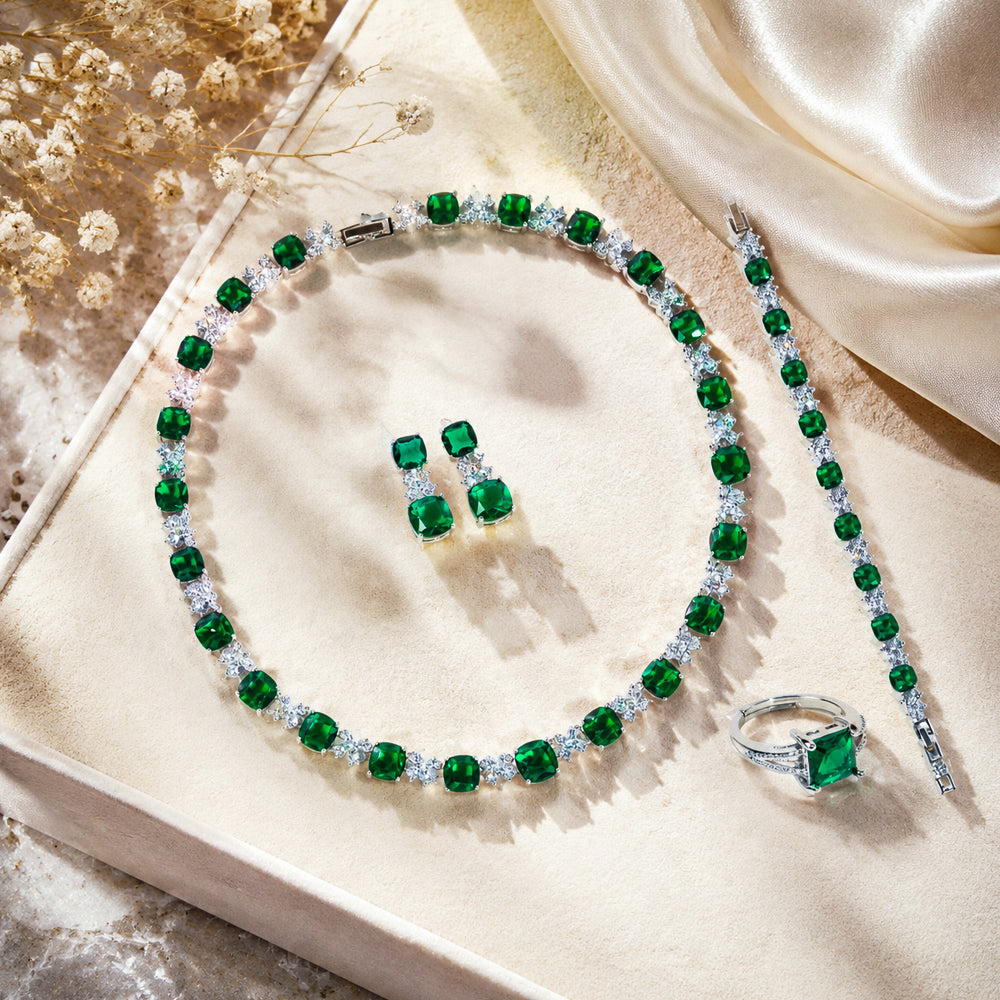 Vintage Emerald Green Rhinestone 4-Piece Jewelry Set, Cushion Square Gem Tennis Necklace Bracelet Earrings Ring, Evening Banquet Wedding Pageant Women Accessories