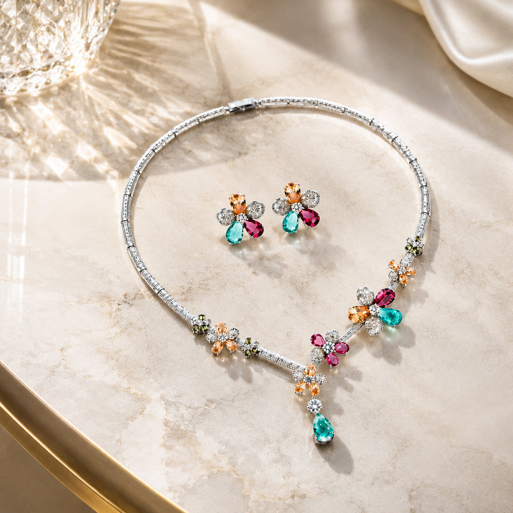 Rainbow Floral Bridal Jewelry Set, Silver Tone Multi-Color Gem Flower Vine Statement Necklace Flower Earrings Formal Accessory