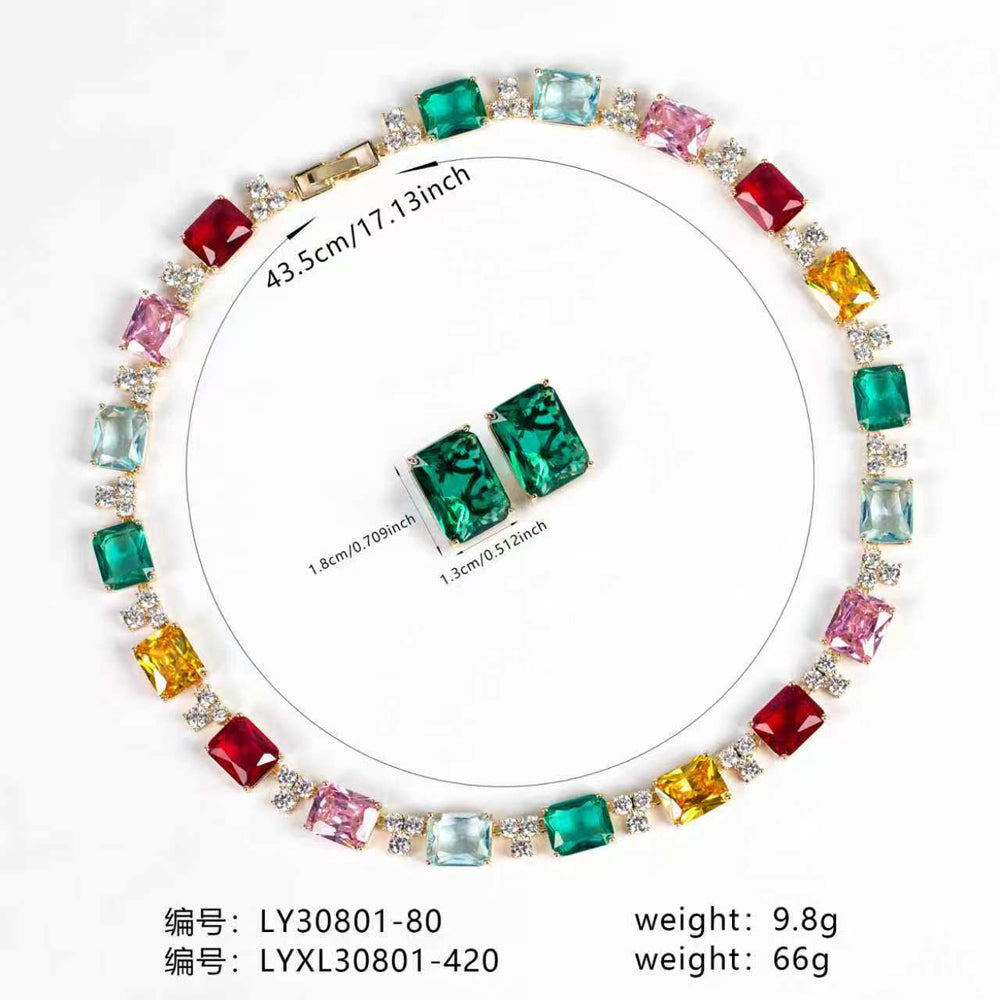 Vintage Rainbow Multi-Square Rhinestone Jewelry Set, Emerald Cut Mixed Gem Choker Necklace Single Stud Earrings, Evening Banquet Pageant Women Accessories