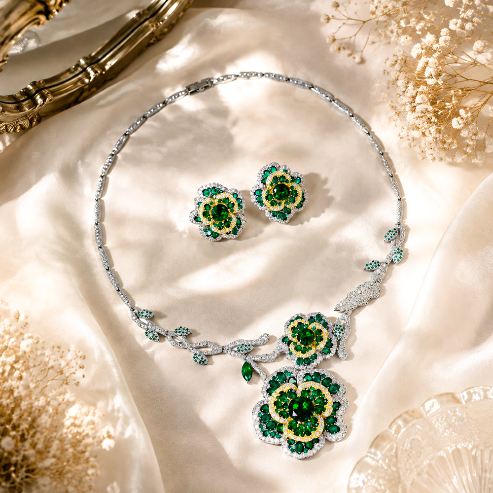 Vintage Botanical Flower Emerald Rhinestone Jewelry Set, Multi-Tone Floral Vine Necklace Earrings, Evening Banquet Pageant Women Accessories