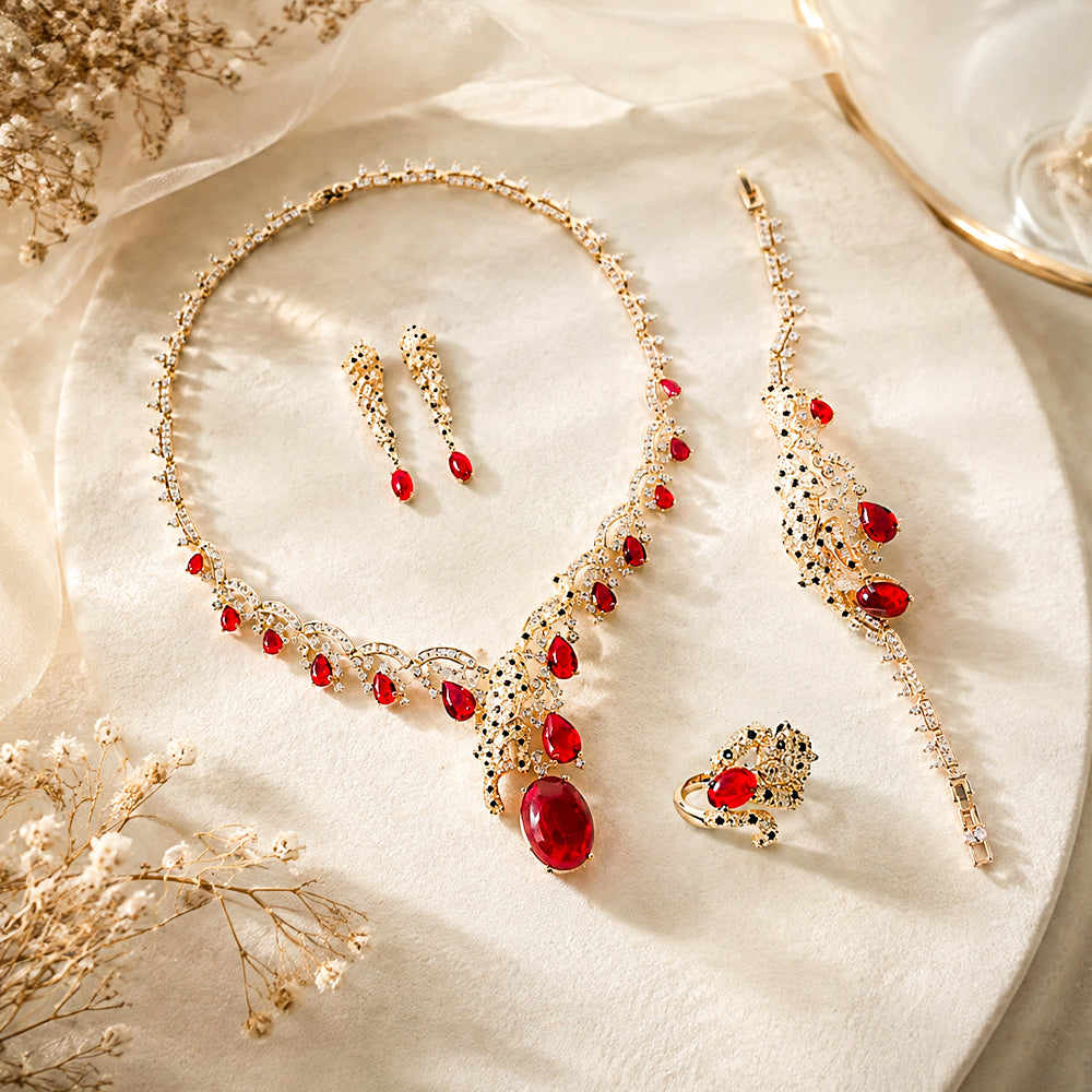 Vintage Panther Rhinestone Jewelry Set, Oval Ruby Leopard Animal Crystal Necklace Earrings Bracelet Ring, Evening Banquet Pageant Women Accessories