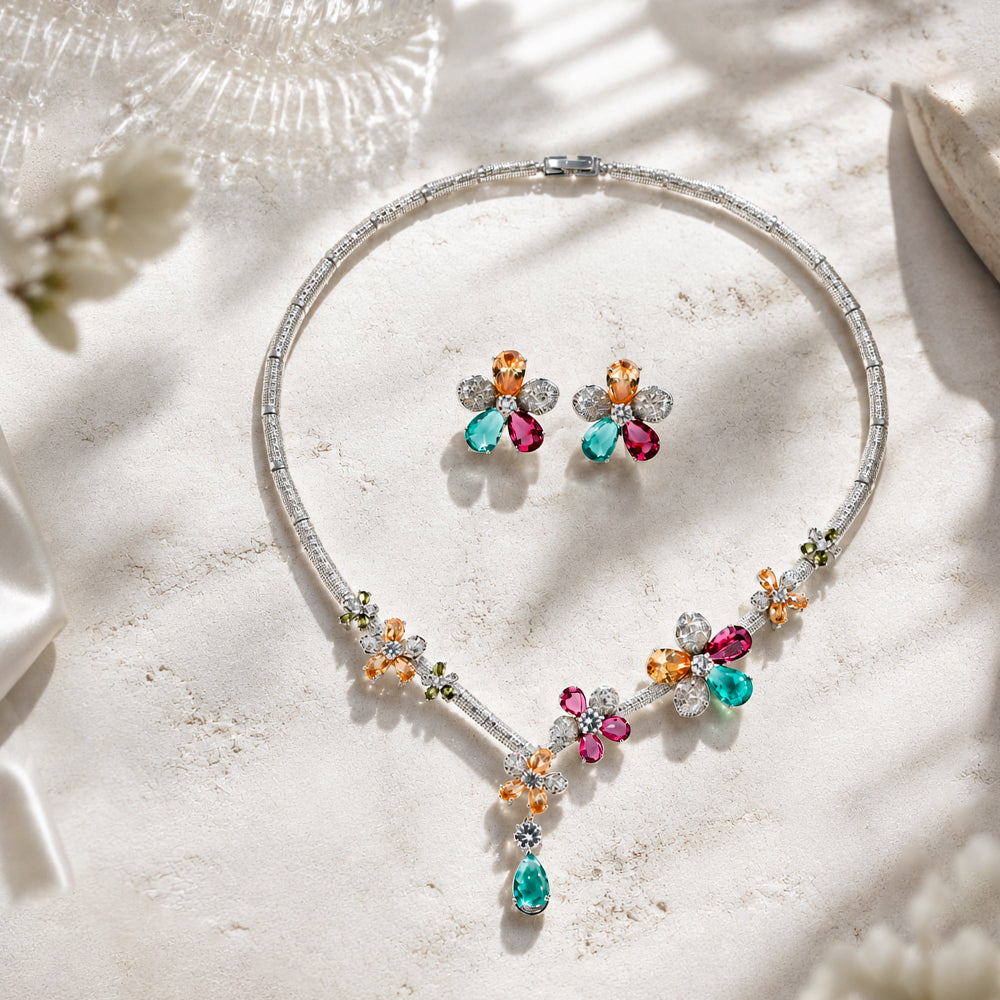 Rainbow Floral Bridal Jewelry Set, Silver Tone Multi-Color Gem Flower Vine Statement Necklace Flower Earrings Formal Accessory