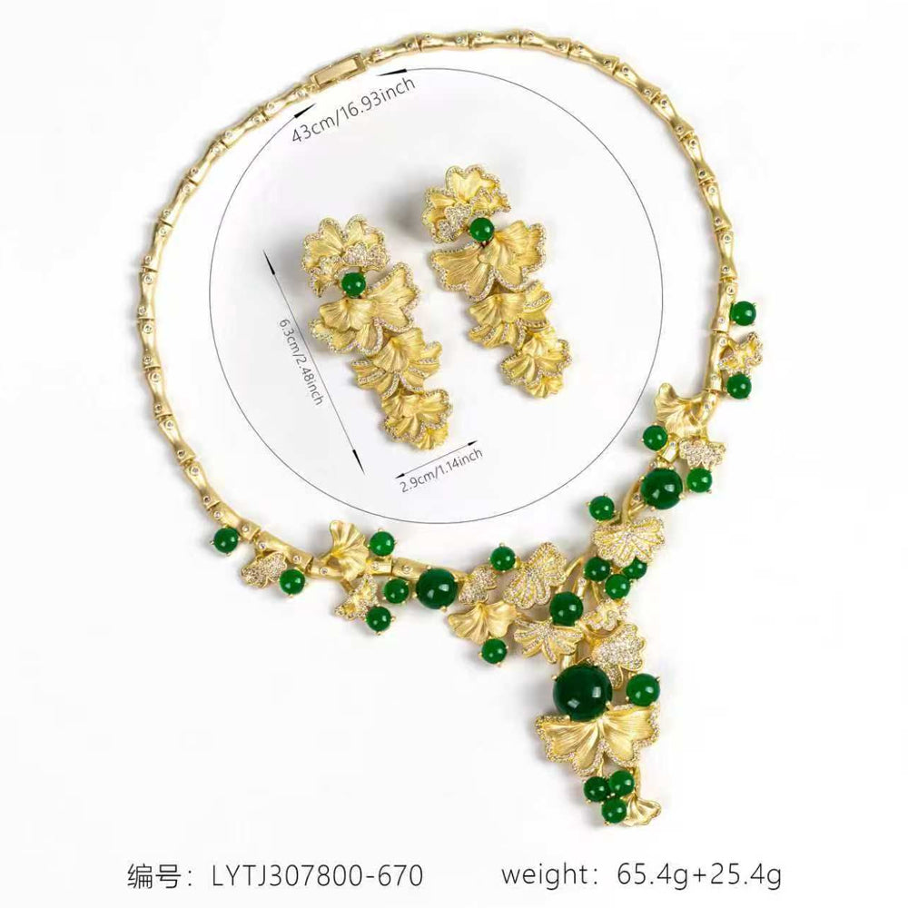 Vintage Oriental Ginkgo Leaf Rhinestone Jewelry Set, Round Green Gem Bamboo Choker Necklace Earrings, Cheongsam Evening Banquet Women Accessories