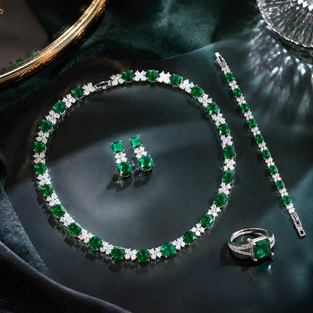Vintage Emerald Green Rhinestone 4-Piece Jewelry Set, Cushion Square Gem Tennis Necklace Bracelet Earrings Ring, Evening Banquet Wedding Pageant Women Accessories