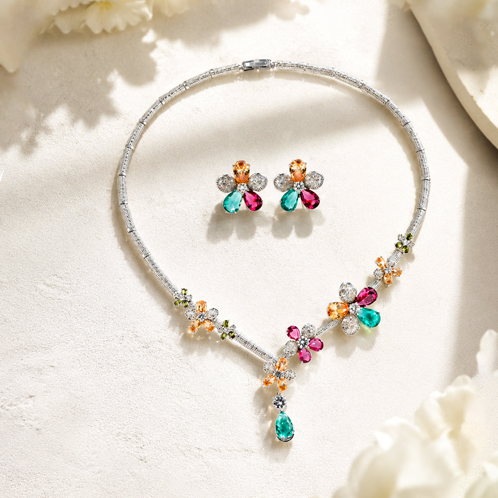 Rainbow Floral Bridal Jewelry Set, Silver Tone Multi-Color Gem Flower Vine Statement Necklace Flower Earrings Formal Accessory