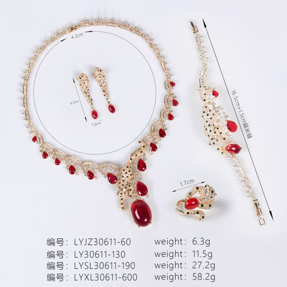 Vintage Panther Rhinestone Jewelry Set, Oval Ruby Leopard Animal Crystal Necklace Earrings Bracelet Ring, Evening Banquet Pageant Women Accessories