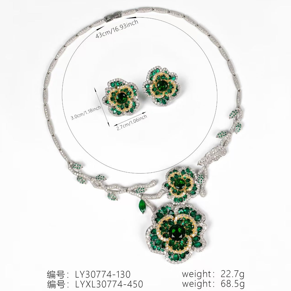 Vintage Botanical Flower Emerald Rhinestone Jewelry Set, Multi-Tone Floral Vine Necklace Earrings, Evening Banquet Pageant Women Accessories