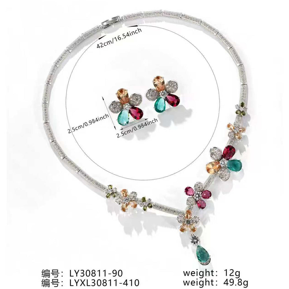 Rainbow Floral Bridal Jewelry Set, Silver Tone Multi-Color Gem Flower Vine Statement Necklace Flower Earrings Formal Accessory