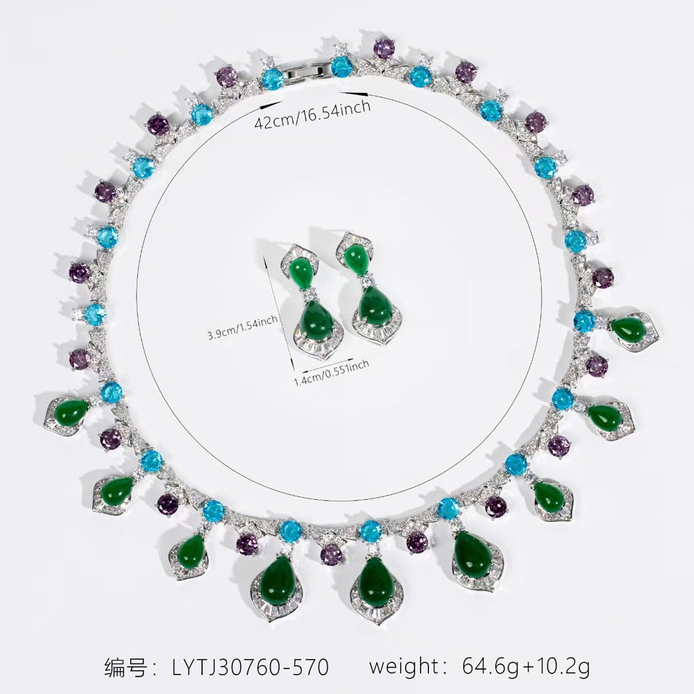 Emerald Gemstone Jewelry Set Handcrafted Cubic Zirconia Necklace Earrings Set Wedding Banquet Gala Evening Party Statement Jewelry for Women