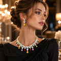 Multicolor Teardrop Crystal Bridal Jewelry Set, Gold Plated Waterfall Rhinestone Necklace Earrings Set, Colorful Gem Statement Wedding Party Jewelry