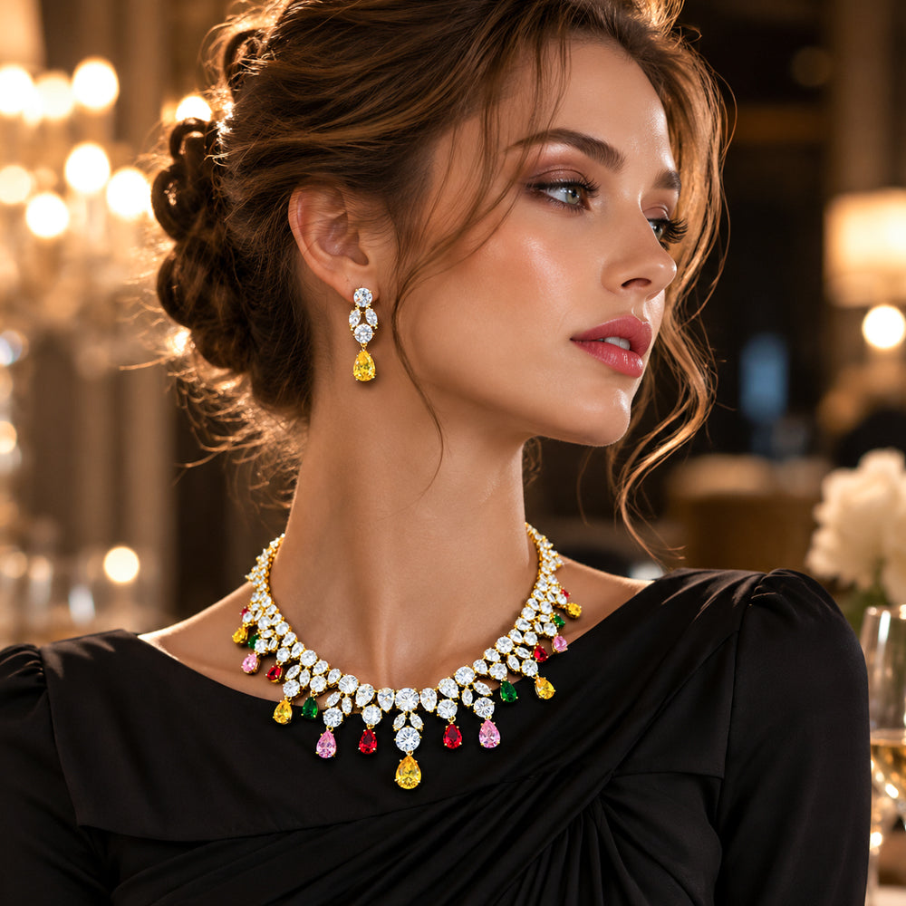 Multicolor Teardrop Crystal Bridal Jewelry Set, Gold Plated Waterfall Rhinestone Necklace Earrings Set, Colorful Gem Statement Wedding Party Jewelry