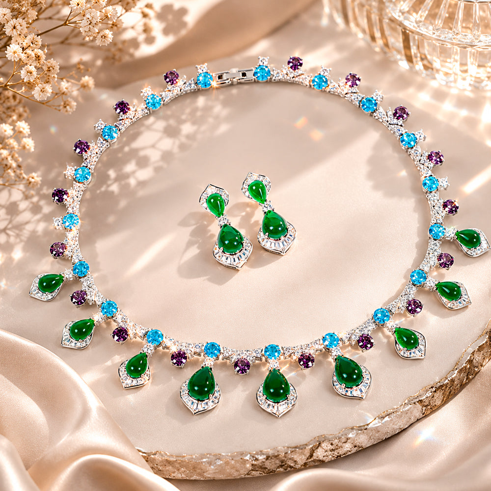 Emerald Gemstone Jewelry Set Handcrafted Cubic Zirconia Necklace Earrings Set Wedding Banquet Gala Evening Party Statement Jewelry for Women