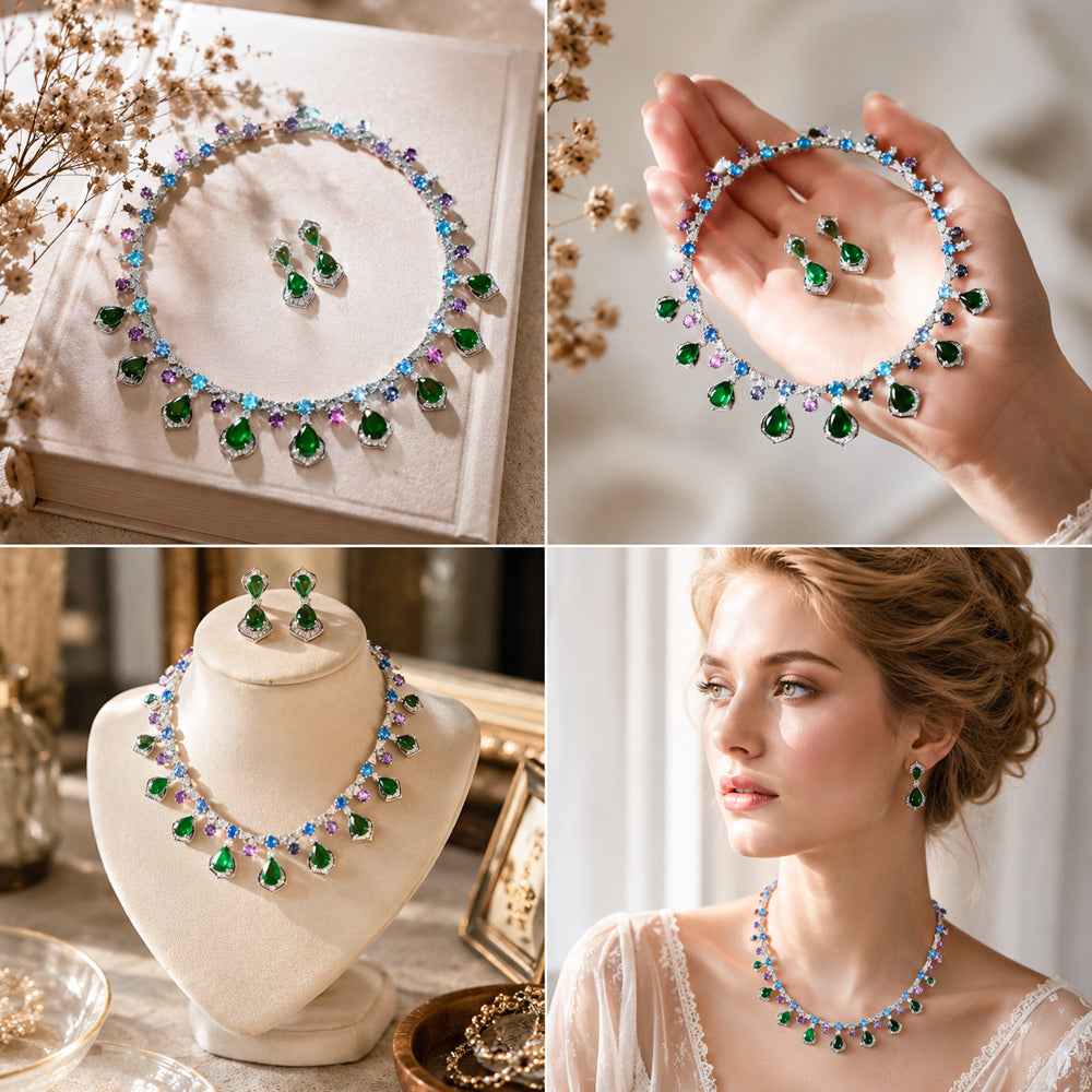 Emerald Gemstone Jewelry Set Handcrafted Cubic Zirconia Necklace Earrings Set Wedding Banquet Gala Evening Party Statement Jewelry for Women