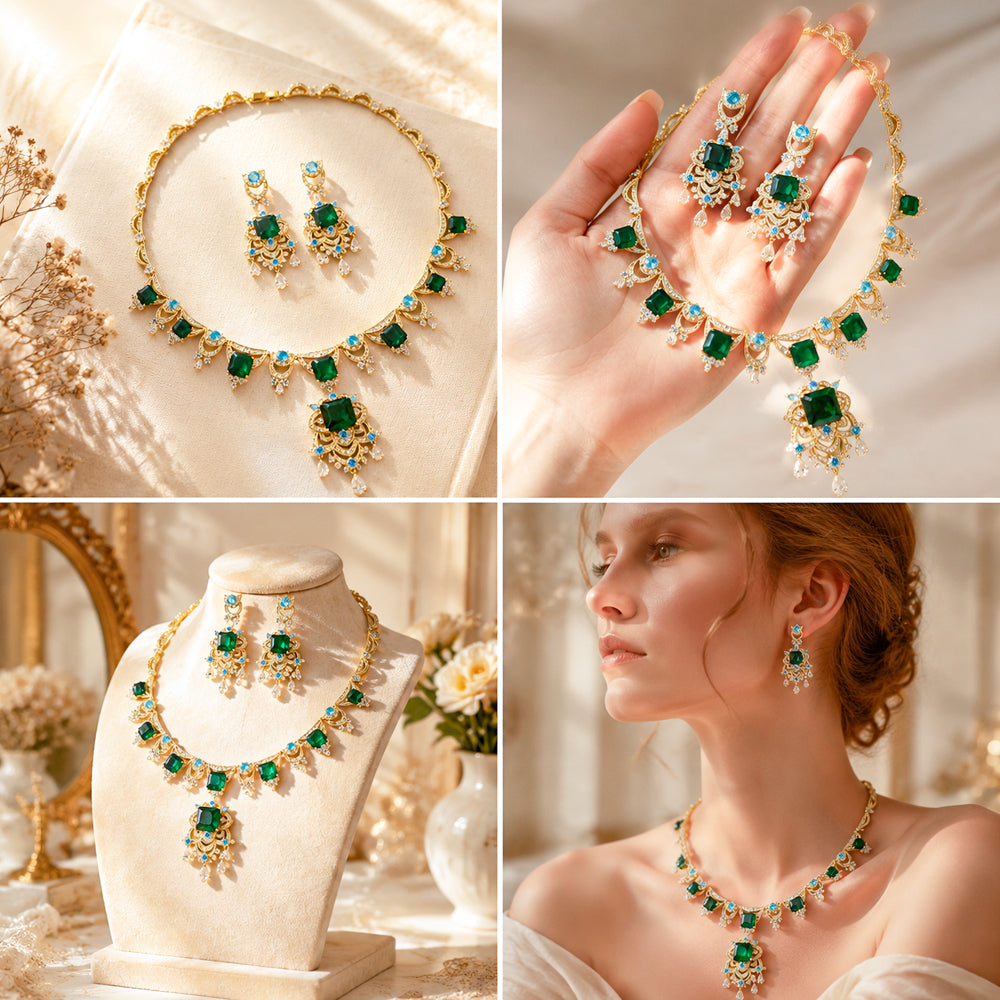 Emerald Green Statement Necklace and Earrings Set, Gold Tone Crystal Jewelry, Elegant Bridal Gift for Her