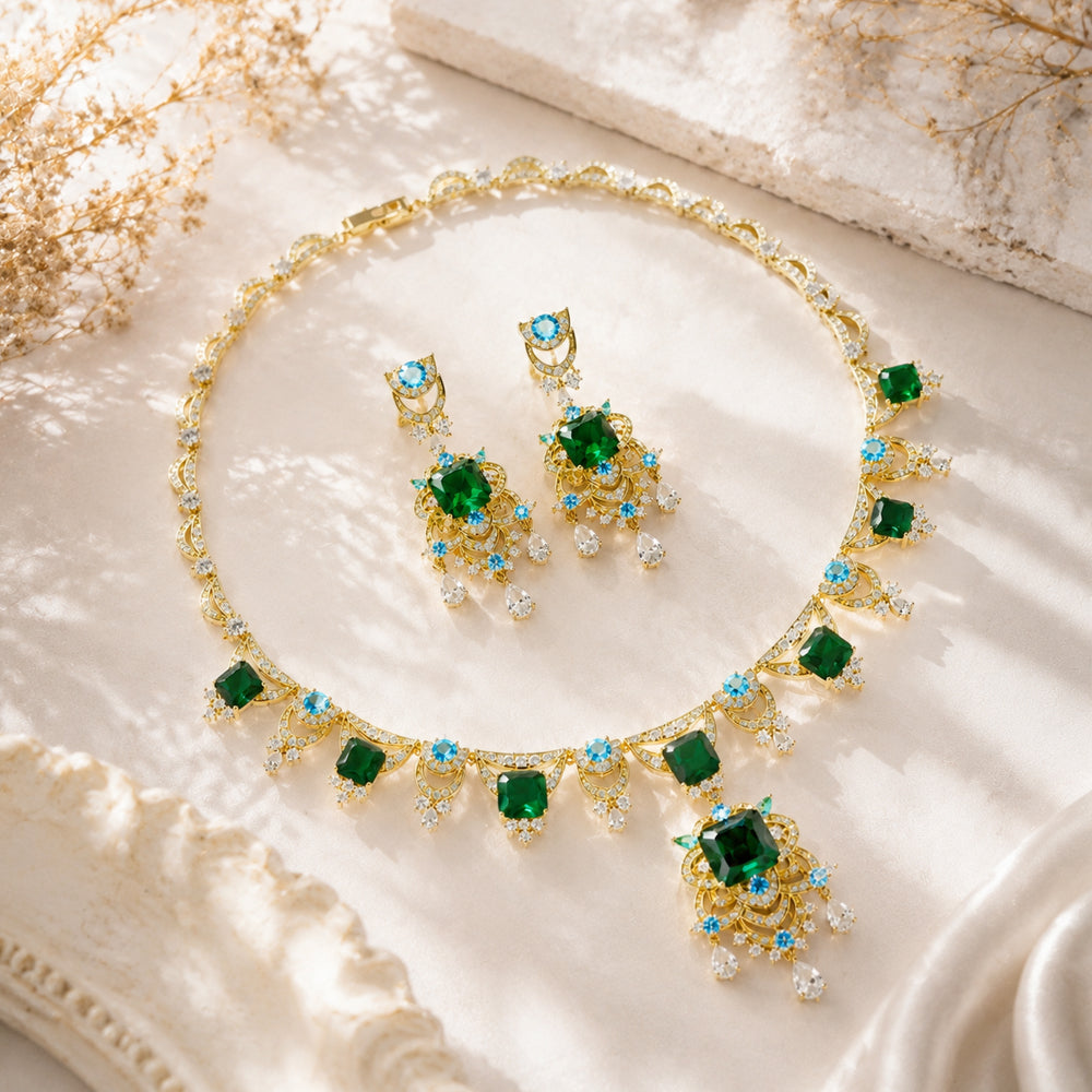 Emerald Green Statement Necklace and Earrings Set, Gold Tone Crystal Jewelry, Elegant Bridal Gift for Her