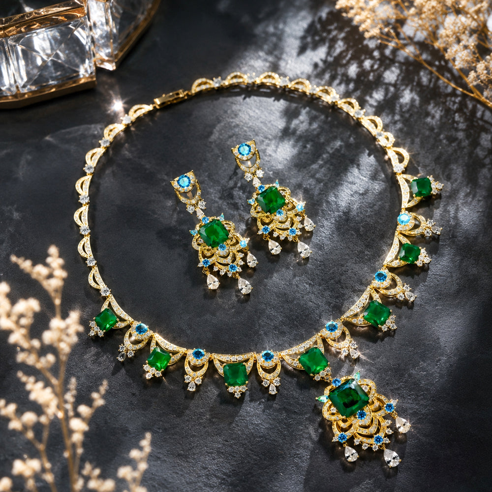 Emerald Green Statement Necklace and Earrings Set, Gold Tone Crystal Jewelry, Elegant Bridal Gift for Her