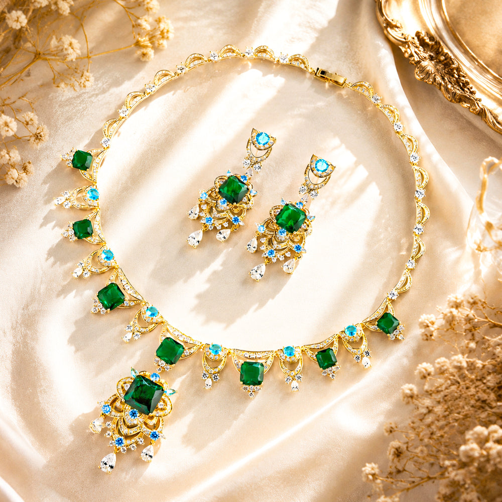 Emerald Green Statement Necklace and Earrings Set, Gold Tone Crystal Jewelry, Elegant Bridal Gift for Her
