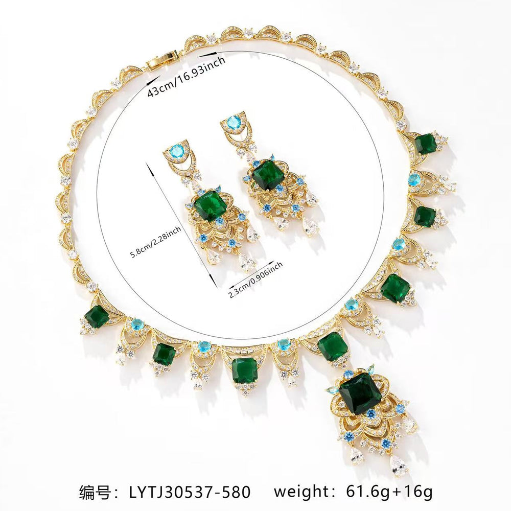 Emerald Green Statement Necklace and Earrings Set, Gold Tone Crystal Jewelry, Elegant Bridal Gift for Her