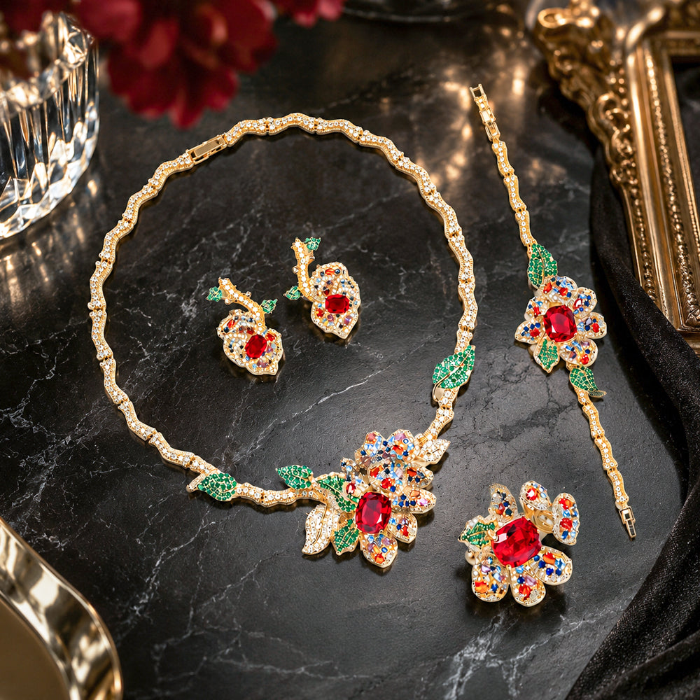Gold Tone Floral Multi Color Gemstone 4Pcs Jewelry Set, Vintage Flower Leaf Red Center Stone Necklace Earrings Bracelet Brooch Women Formal Wedding Statement Jewellery