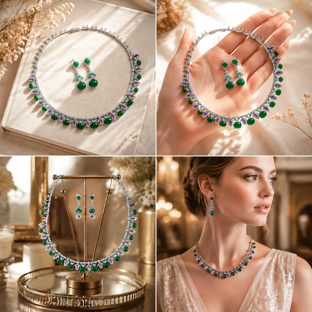 Silver Tone Oval Cabochon Green Gemstone Jewelry Set, Vintage Fan Frame Amethyst Accent Turquoise Enamel Necklace & Drop Earrings Women Formal Bridal Statement Jewellery