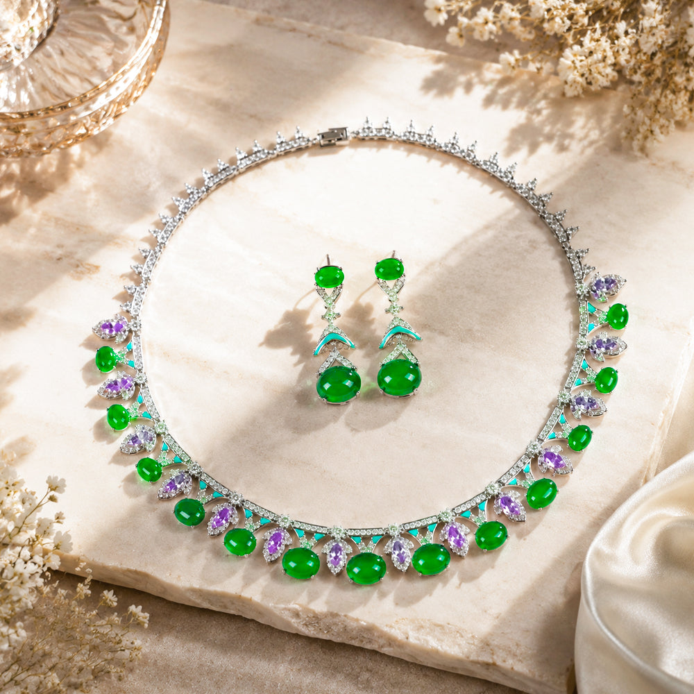 Silver Tone Oval Cabochon Green Gemstone Jewelry Set, Vintage Fan Frame Amethyst Accent Turquoise Enamel Necklace & Drop Earrings Women Formal Bridal Statement Jewellery