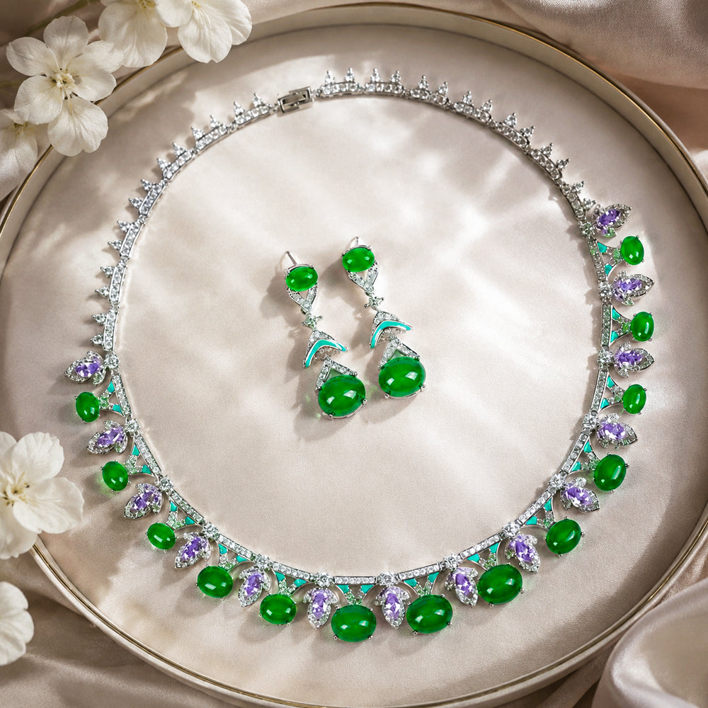 Silver Tone Oval Cabochon Green Gemstone Jewelry Set, Vintage Fan Frame Amethyst Accent Turquoise Enamel Necklace & Drop Earrings Women Formal Bridal Statement Jewellery