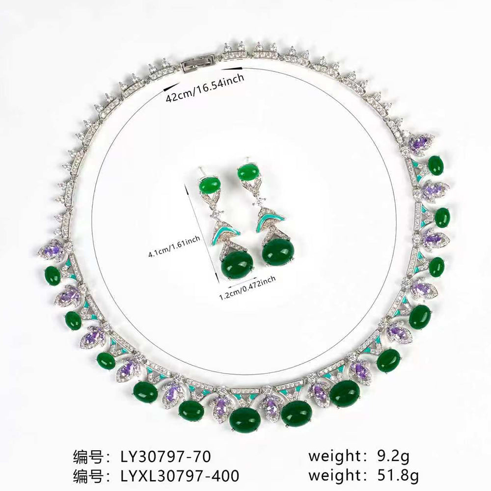 Silver Tone Oval Cabochon Green Gemstone Jewelry Set, Vintage Fan Frame Amethyst Accent Turquoise Enamel Necklace & Drop Earrings Women Formal Bridal Statement Jewellery