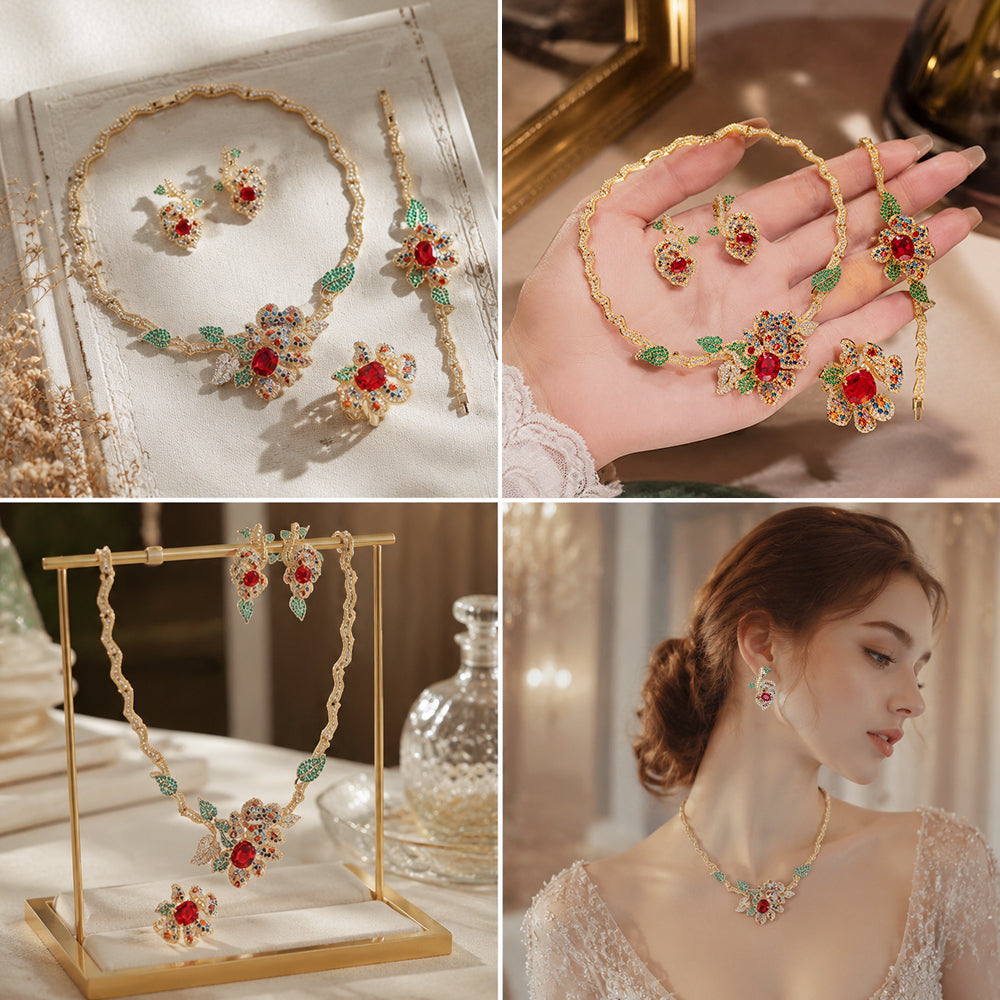 Gold Tone Floral Multi Color Gemstone 4Pcs Jewelry Set, Vintage Flower Leaf Red Center Stone Necklace Earrings Bracelet Brooch Women Formal Wedding Statement Jewellery