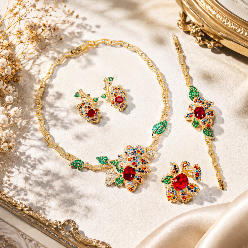 Gold Tone Floral Multi Color Gemstone 4Pcs Jewelry Set, Vintage Flower Leaf Red Center Stone Necklace Earrings Bracelet Brooch Women Formal Wedding Statement Jewellery
