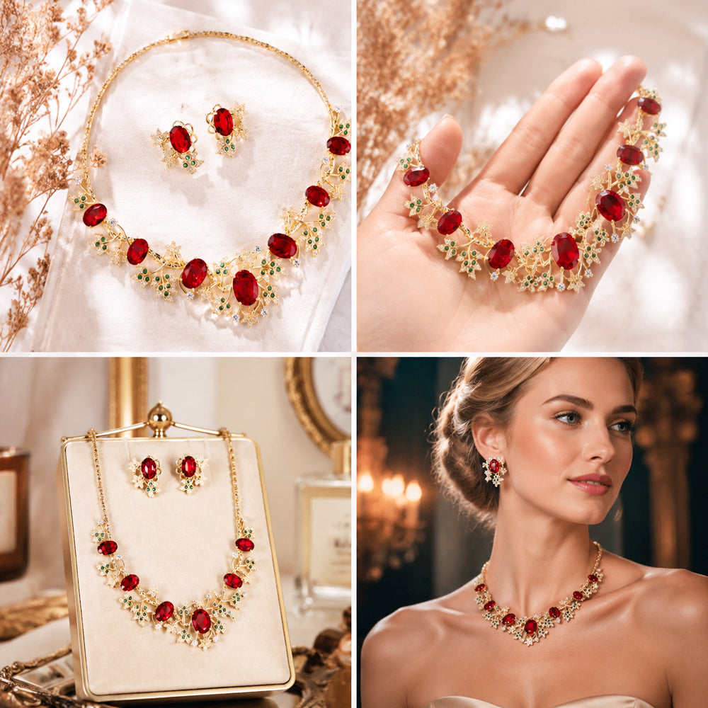 Luxury Gold Tone Botanical Vine Ruby Cubic Zirconia Jewelry Set, Nature Inspired Leaf Branch Oval Red Gemstone Necklace and Stud Earrings, Formal Banquet Bridal Jewellery Gift for Her
