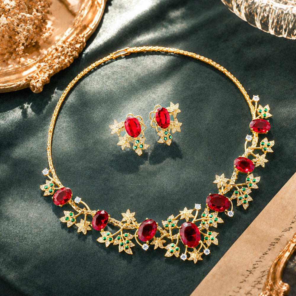 Luxury Gold Tone Botanical Vine Ruby Cubic Zirconia Jewelry Set, Nature Inspired Leaf Branch Oval Red Gemstone Necklace and Stud Earrings, Formal Banquet Bridal Jewellery Gift for Her