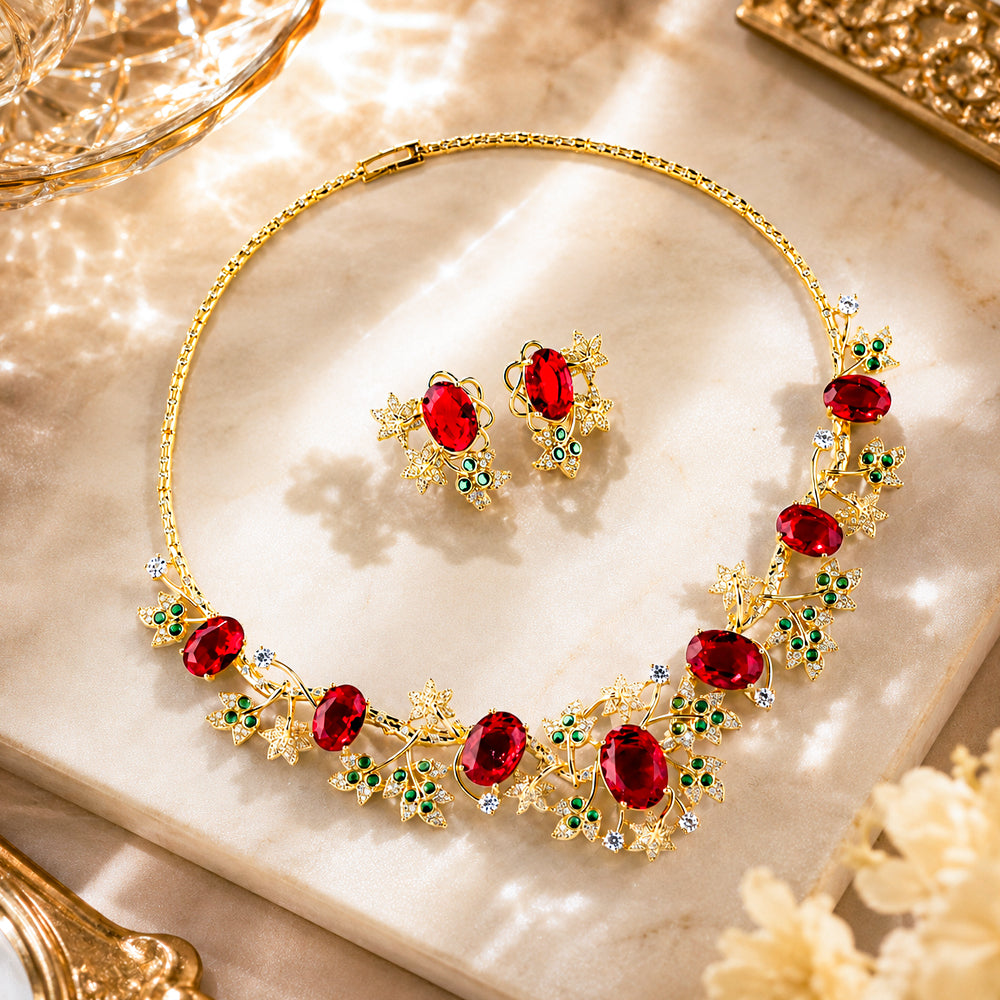 Luxury Gold Tone Botanical Vine Ruby Cubic Zirconia Jewelry Set, Nature Inspired Leaf Branch Oval Red Gemstone Necklace and Stud Earrings, Formal Banquet Bridal Jewellery Gift for Her