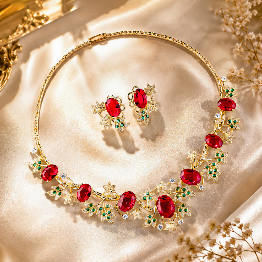 Luxury Gold Tone Botanical Vine Ruby Cubic Zirconia Jewelry Set, Nature Inspired Leaf Branch Oval Red Gemstone Necklace and Stud Earrings, Formal Banquet Bridal Jewellery Gift for Her