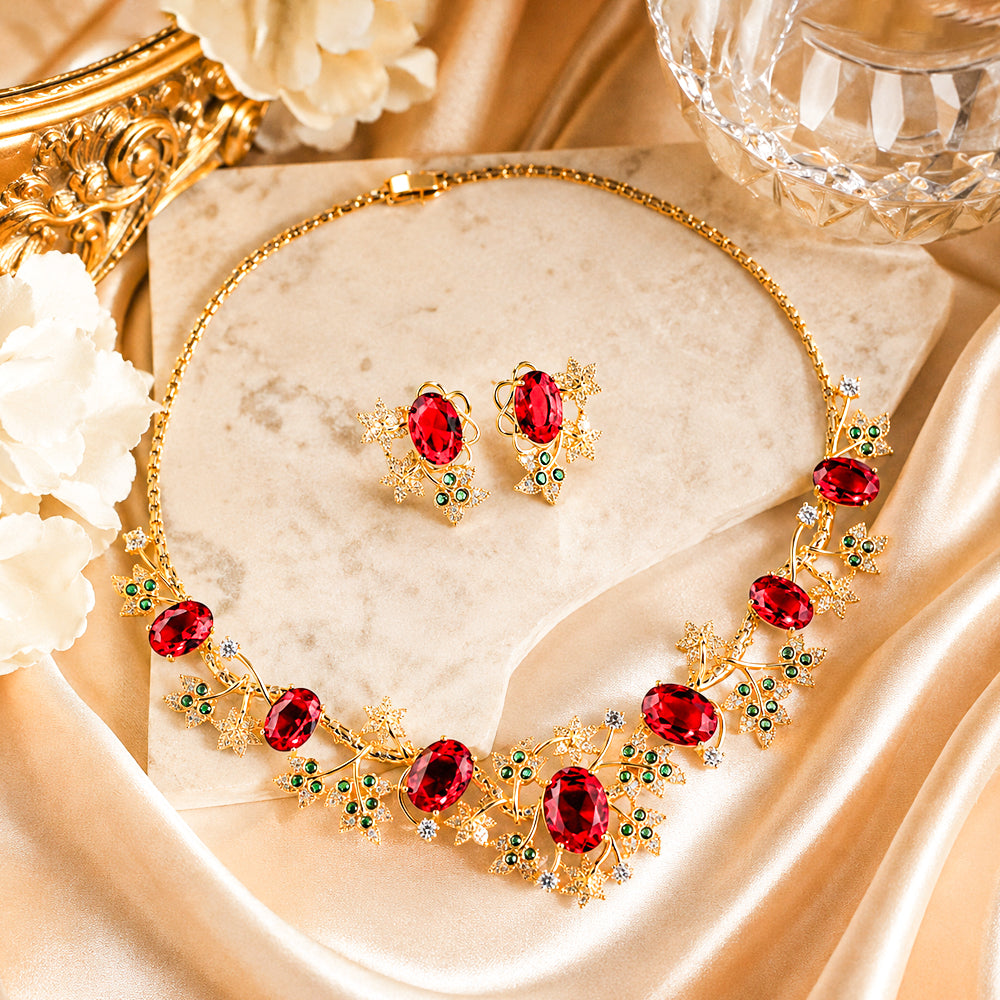 Luxury Gold Tone Botanical Vine Ruby Cubic Zirconia Jewelry Set, Nature Inspired Leaf Branch Oval Red Gemstone Necklace and Stud Earrings, Formal Banquet Bridal Jewellery Gift for Her