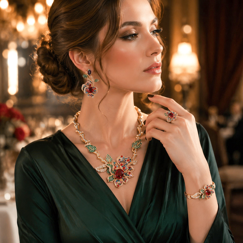 Gold Tone Floral Multi Color Gemstone 4Pcs Jewelry Set, Vintage Flower Leaf Red Center Stone Necklace Earrings Bracelet Brooch Women Formal Wedding Statement Jewellery