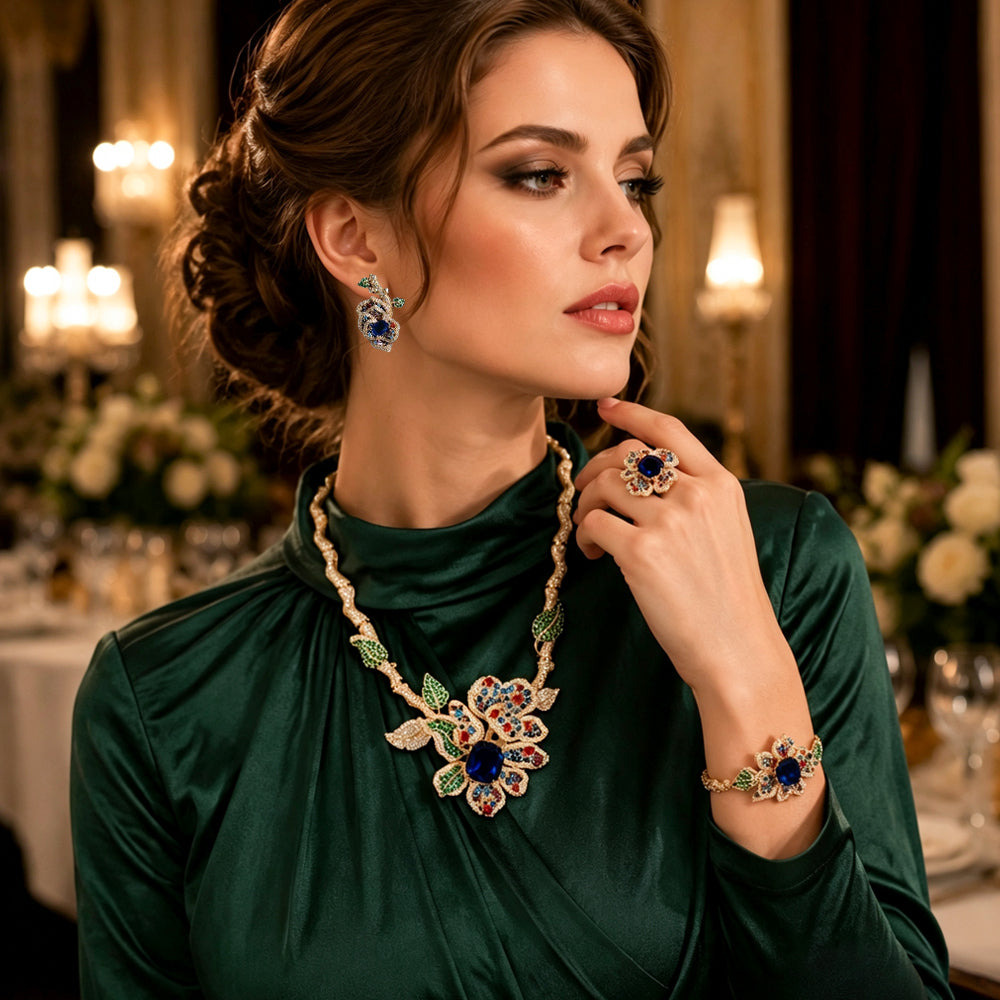 Gold Tone Floral Multi Color Gemstone 4Pcs Jewelry Set, Vintage Flower Leaf Red Center Stone Necklace Earrings Bracelet Brooch Women Formal Wedding Statement Jewellery